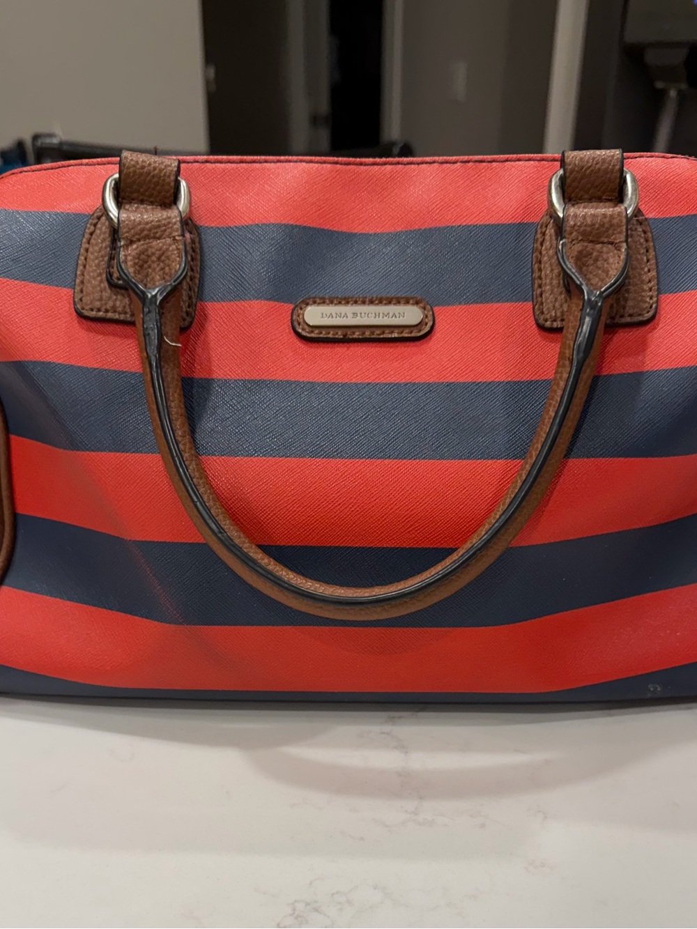 Dana Buchman Red and Navy Striped Satchel with Brown Trim